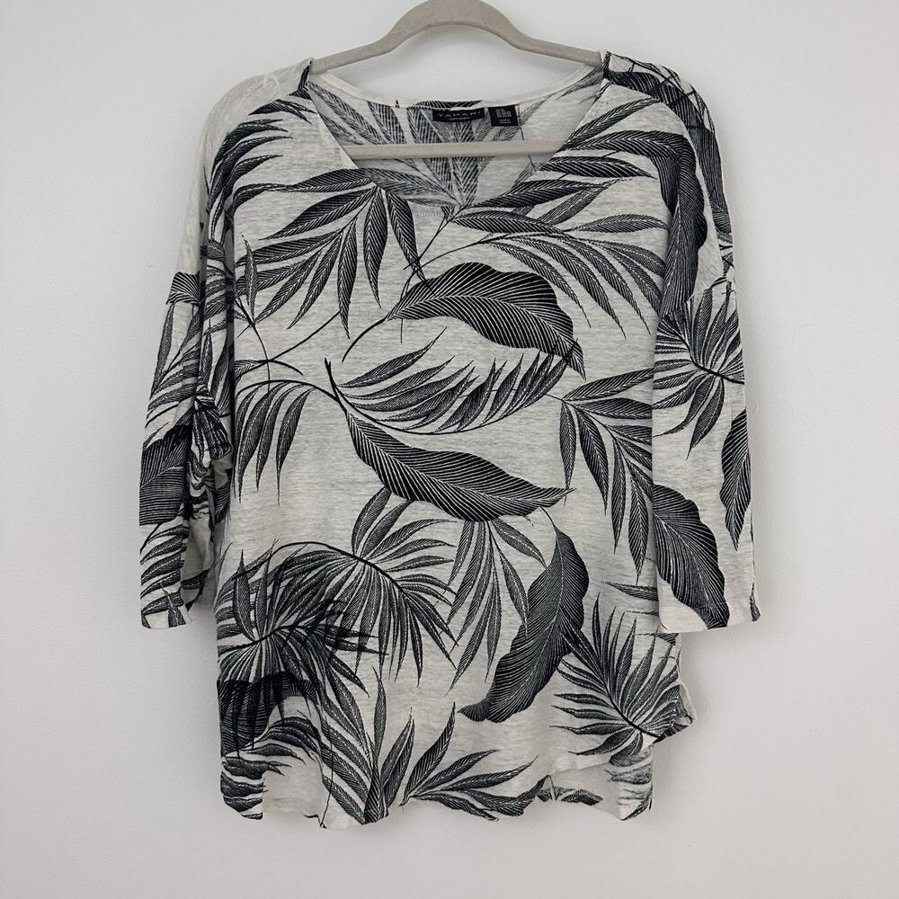 Tahari Womens 2X 100% Linen Black White Leaf Print 3/4 Sleeve Blouse Top Casual